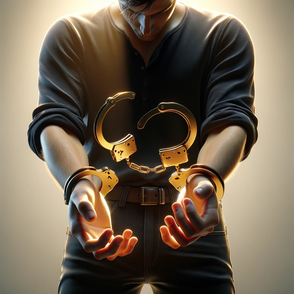 A strong handsome man being released from golden handcuffs