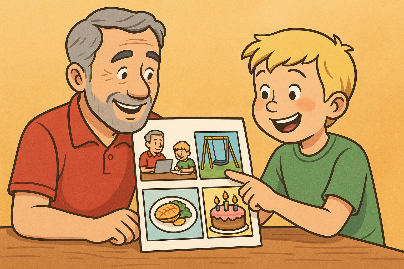 Autistic boy pointing at a cartoon swing in a four-panel ChatGPT-generated choice board.